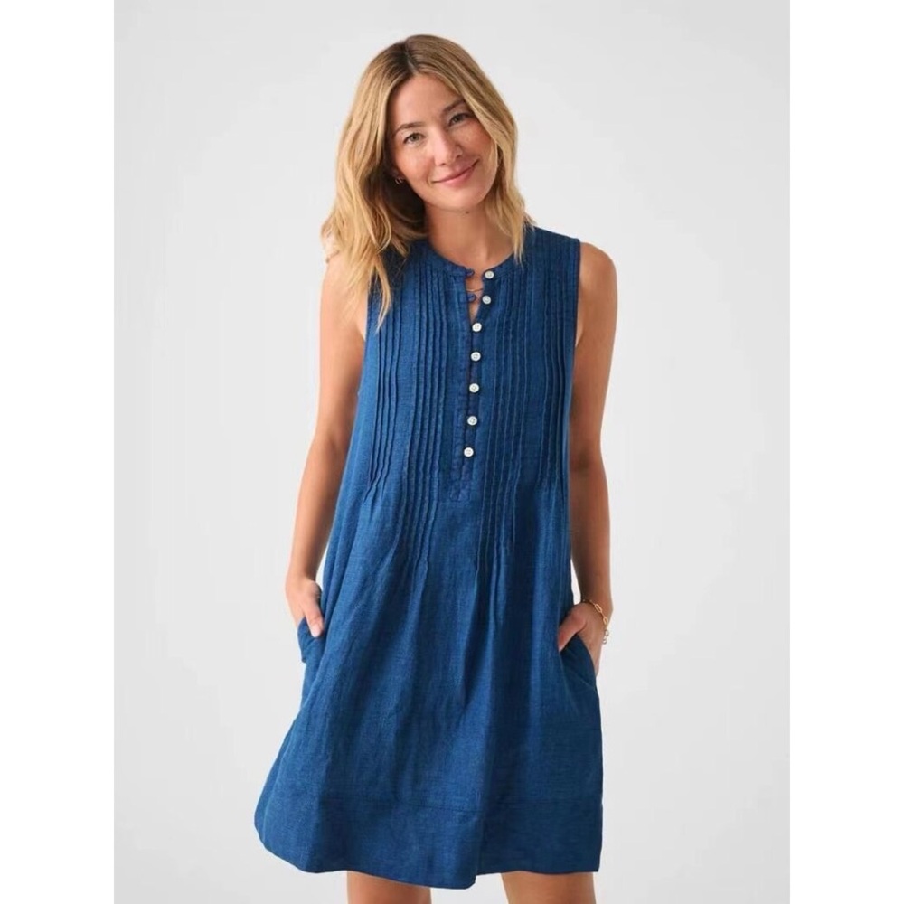 Faherty Isha Organic Cotton Mini Dress Medium Pintuck Sleeveless Denim Casual